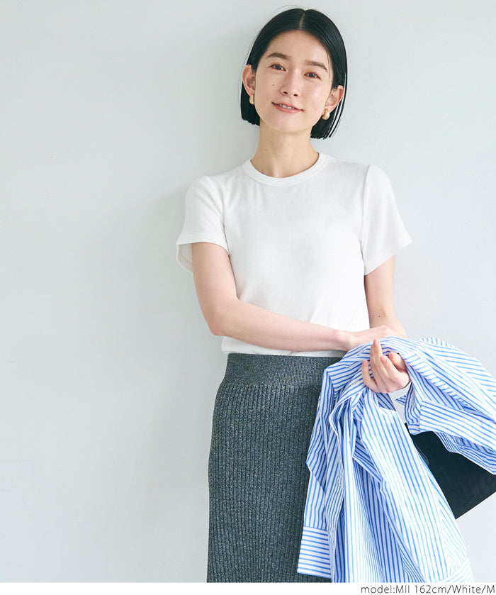 Threaded elastic cotton blend round neck short sleeves 