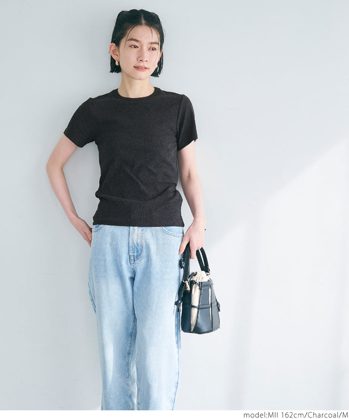 Threaded elastic cotton blend round neck short sleeves 