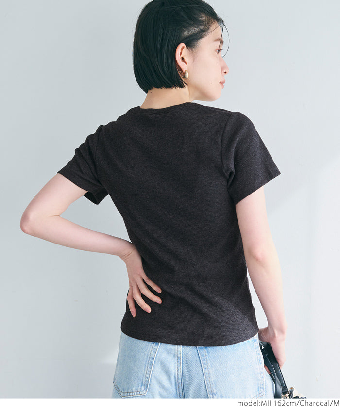 Threaded elastic cotton blend round neck short sleeves 