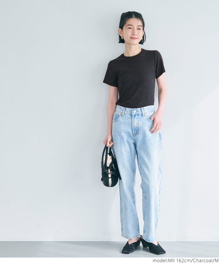 Threaded elastic cotton blend round neck short sleeves 