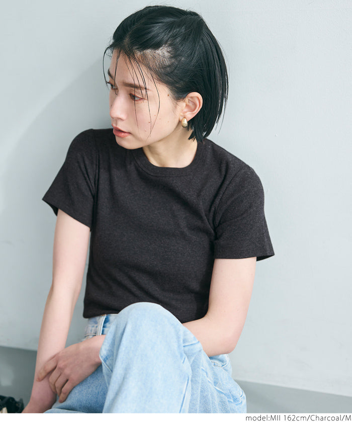 Threaded elastic cotton blend round neck short sleeves 