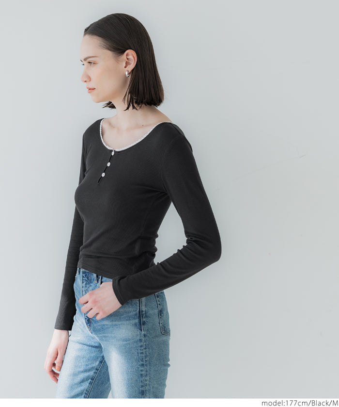 U-neck cotton blend long-sleeved POLO top 