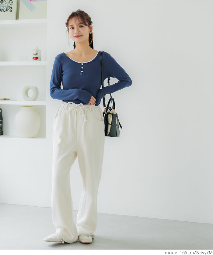 U-neck cotton blend long-sleeved POLO top 