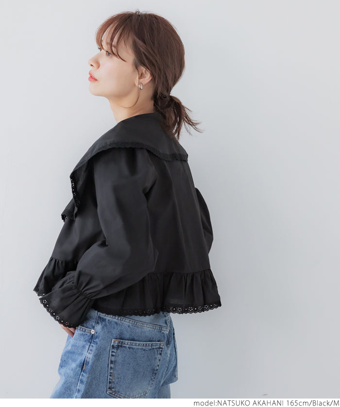 Japanese style lapel cotton lace short shirt 