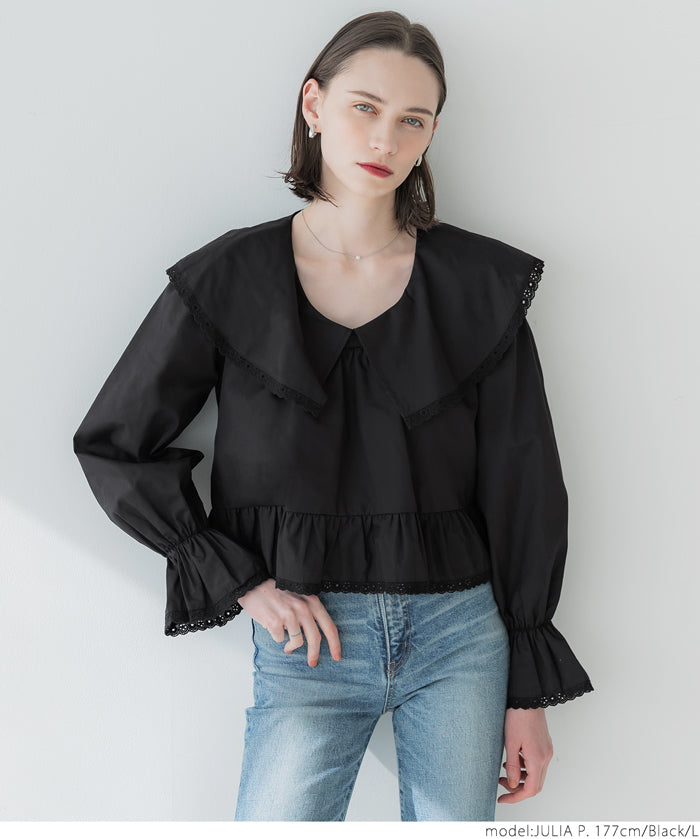 Japanese style lapel cotton lace short shirt 