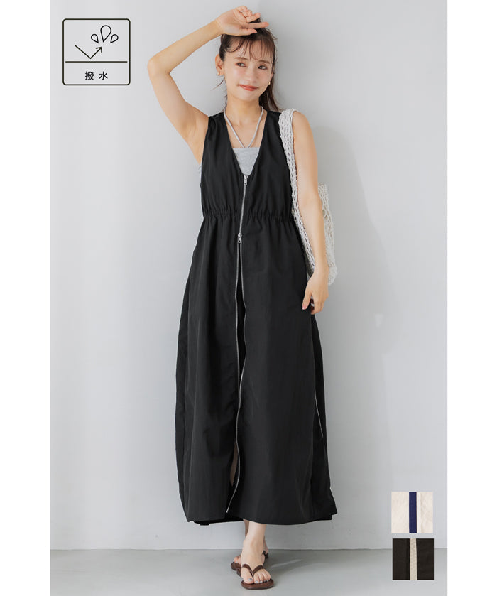 尼龍V領拉鍊側線背心連身裙