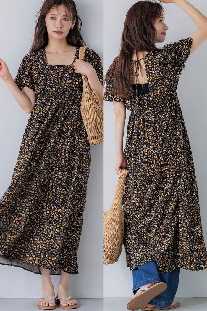 ［特價$259→$219］復古風情花卉方領泡泡袖連身裙