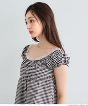 森系格紋低領澎短袖上衣