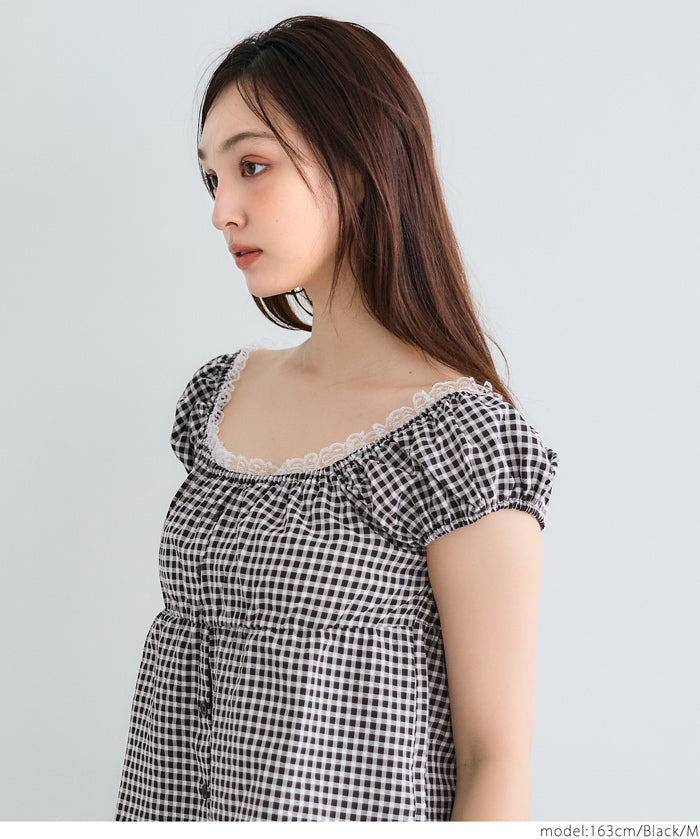 森系格紋低領澎短袖上衣