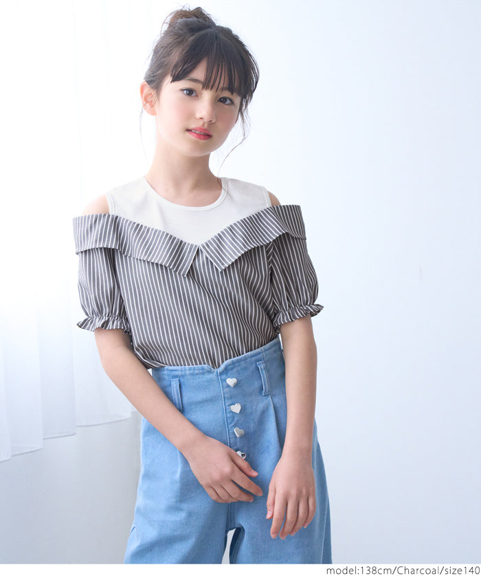 童裝露肩假兩件式短袖上衣