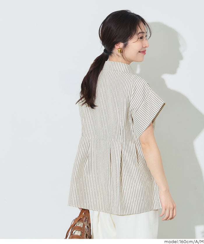 凹凸紋理法式袖拼接設計襯衫 (Soccer tuck blouse)