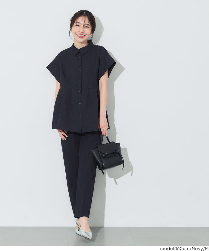 凹凸紋理法式袖拼接設計襯衫 (Soccer tuck blouse)