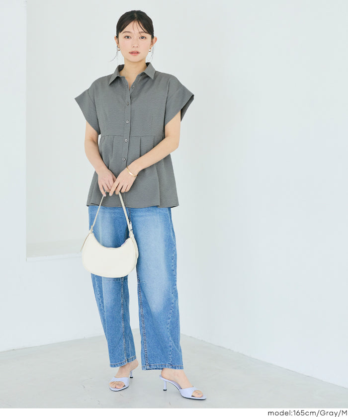 凹凸紋理法式袖拼接設計襯衫 (Soccer tuck blouse)
