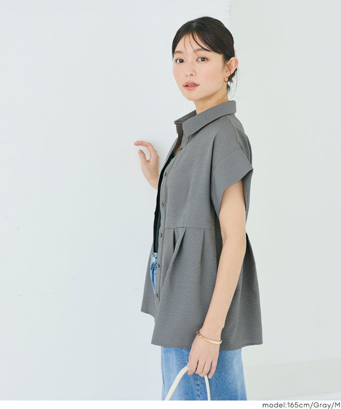 凹凸紋理法式袖拼接設計襯衫 (Soccer tuck blouse)