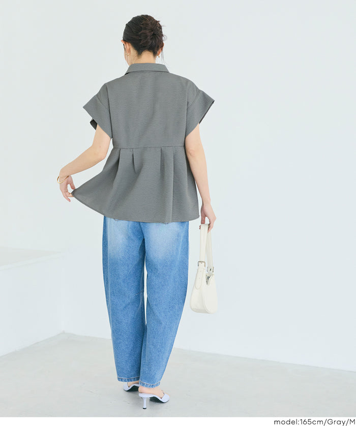 凹凸紋理法式袖拼接設計襯衫 (Soccer tuck blouse)