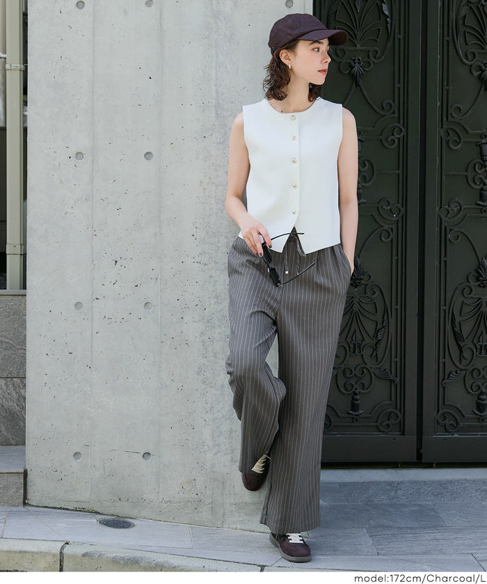 細直條紋抽繩休閒褲