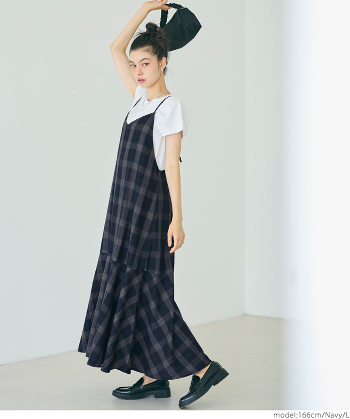 質感格紋細肩帶魚尾連身裙