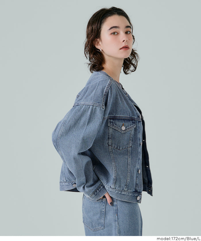 【可配套】短版無領丹寧外套