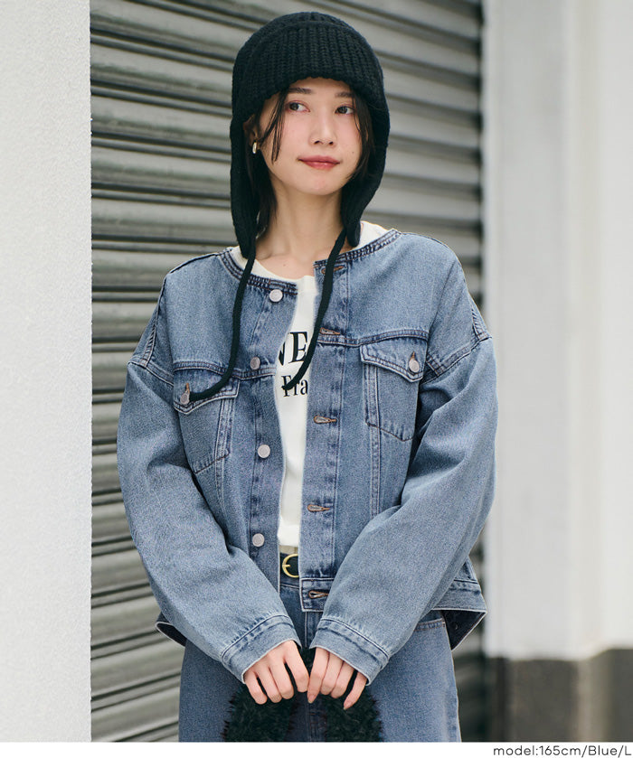 【可配套】短版無領丹寧外套