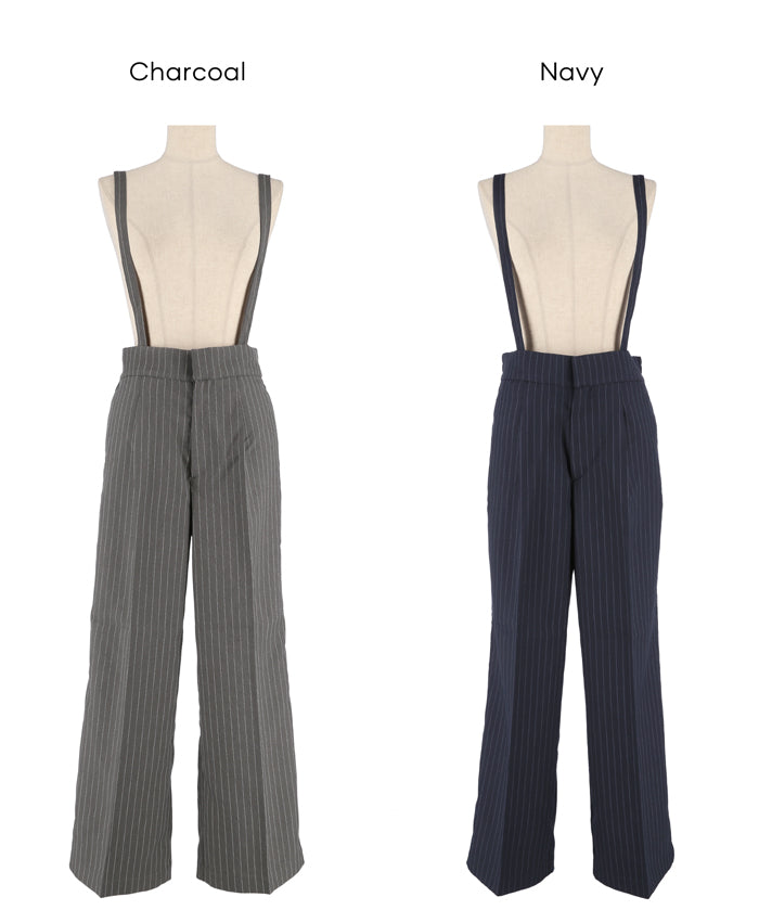 細直條紋英倫感2way吊帶褲