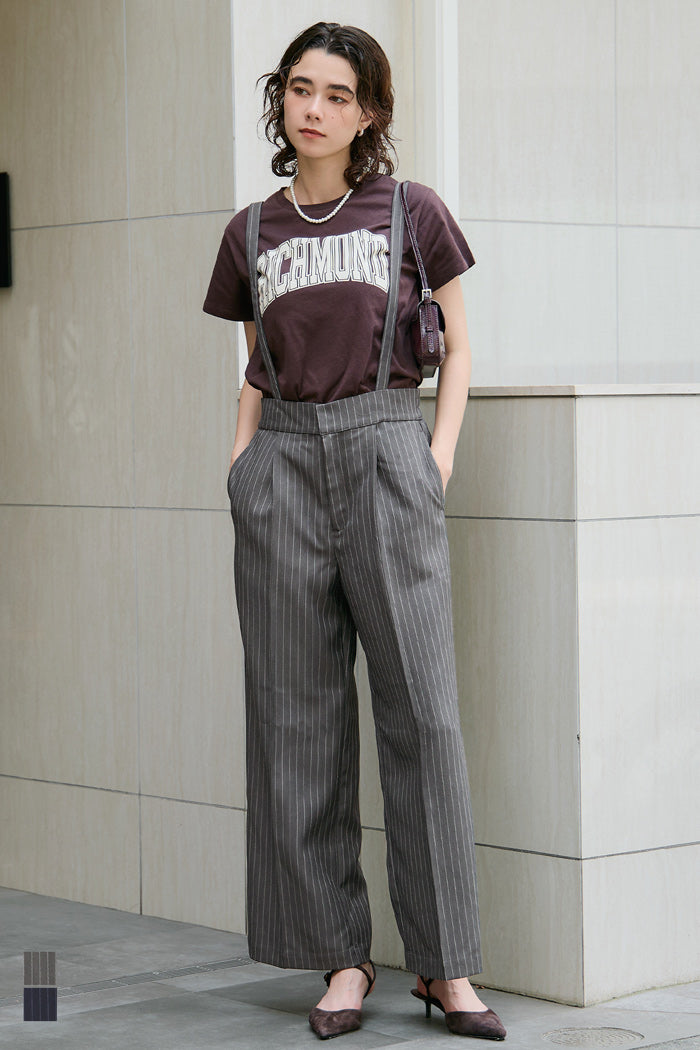 細直條紋英倫感2way吊帶褲