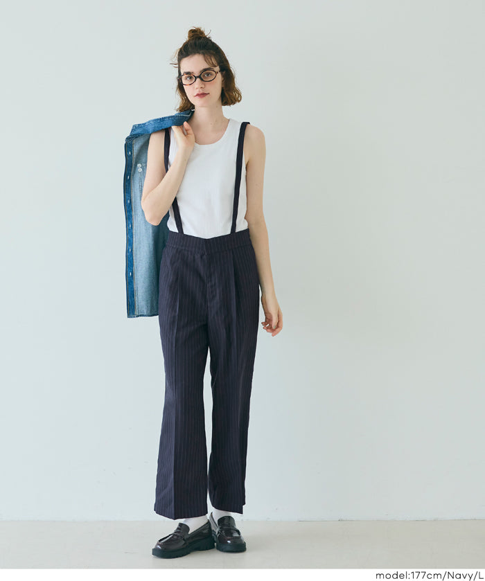 細直條紋英倫感2way吊帶褲