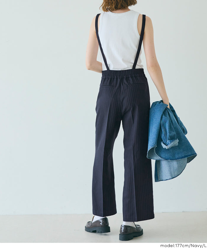 細直條紋英倫感2way吊帶褲