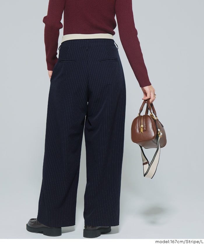 腰部反摺造型闊腿西裝褲