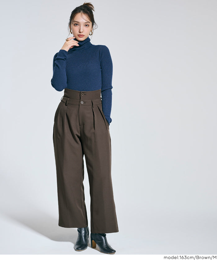 腰部反摺造型闊腿西裝褲