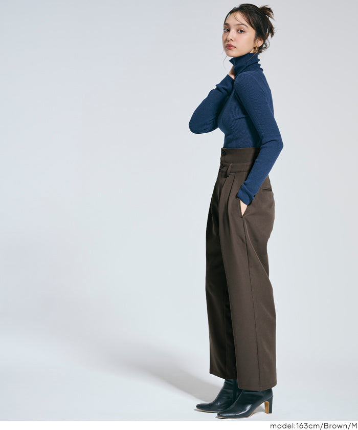 腰部反摺造型闊腿西裝褲