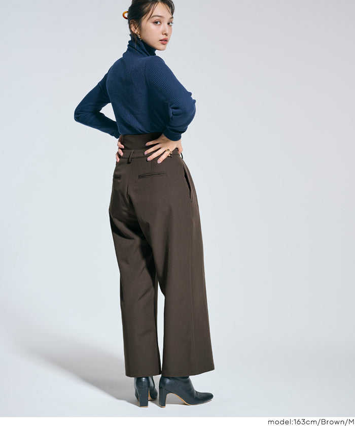 腰部反摺造型闊腿西裝褲