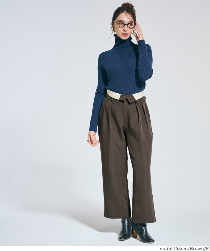 腰部反摺造型闊腿西裝褲