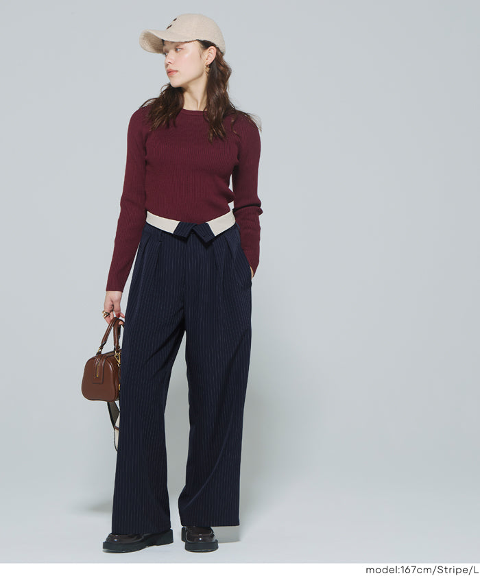 腰部反摺造型闊腿西裝褲