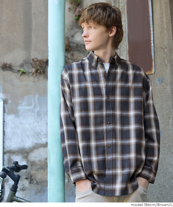 男裝薄格紋長袖襯衫 男女通用