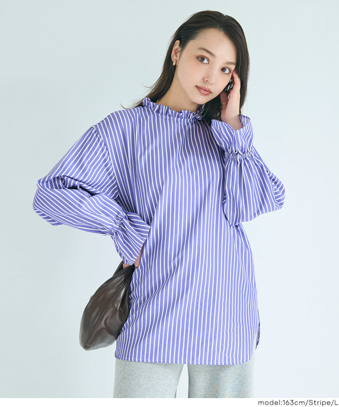 日系荷葉邊直條紋襯衫