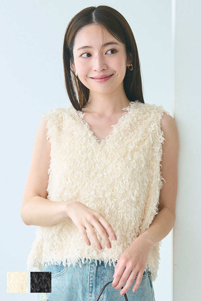 奢華感毛感V領背心