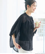 泡泡袖透膚薄圓領襯衫