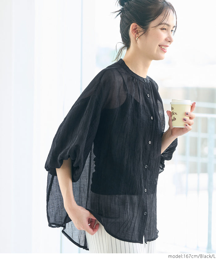 泡泡袖透膚薄圓領襯衫