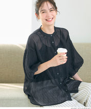 泡泡袖透膚薄圓領襯衫