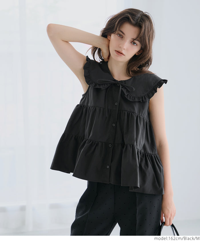 日系甜美荷葉邊翻領A字無袖襯衫