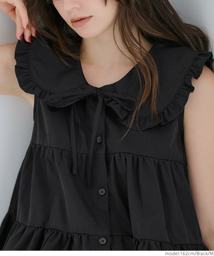 日系甜美荷葉邊翻領A字無袖襯衫
