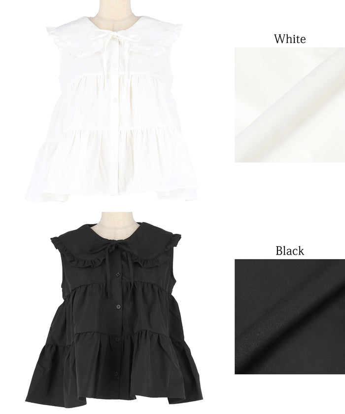 日系甜美荷葉邊翻領A字無袖襯衫