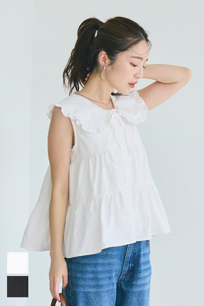 日系甜美荷葉邊翻領A字無袖襯衫