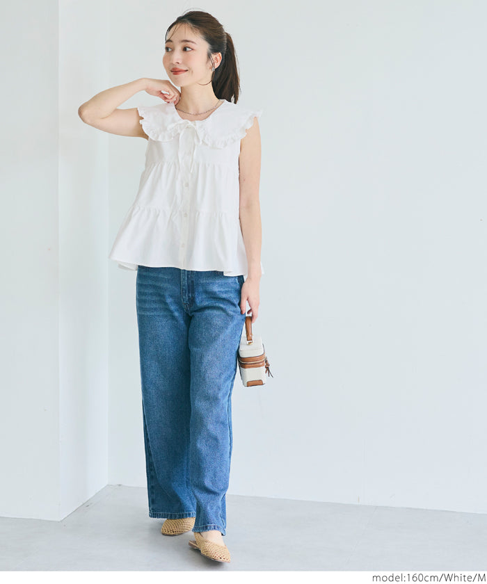 日系甜美荷葉邊翻領A字無袖襯衫