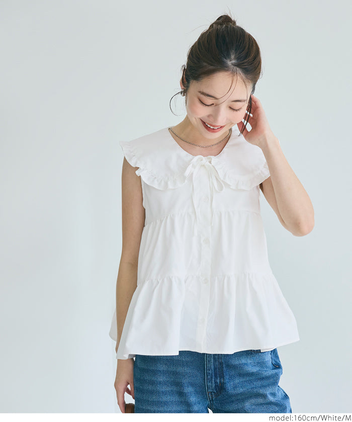日系甜美荷葉邊翻領A字無袖襯衫