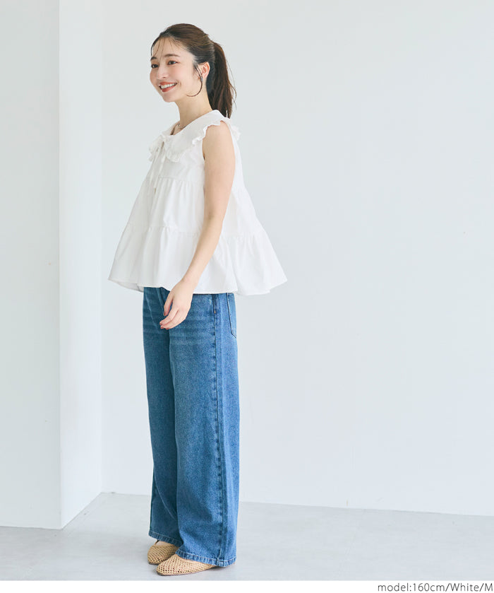 日系甜美荷葉邊翻領A字無袖襯衫