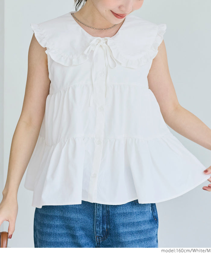 日系甜美荷葉邊翻領A字無袖襯衫