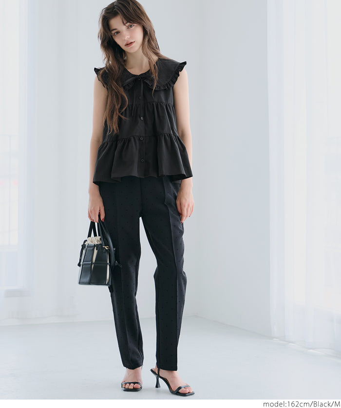 日系甜美荷葉邊翻領A字無袖襯衫