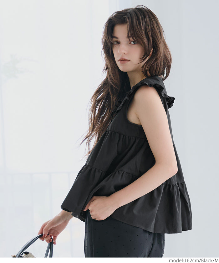 日系甜美荷葉邊翻領A字無袖襯衫