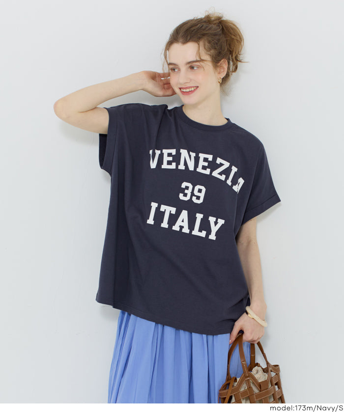 日系簡約LOGO法式袖短袖T恤 (Roll-up logo print big T-shirt)